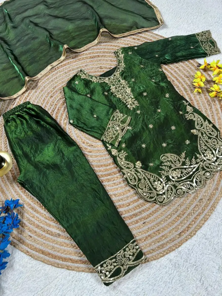13DESIGNER GMY SILK EMBROIDERY SEQUENCE WORK KID'S TOP BOTTOM WITH DUPATTA FESTIVE WEAR WHOLESALE PRICE ETHNIC GARMENT (27)