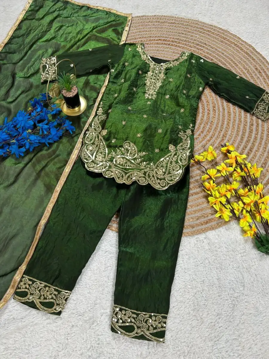 13DESIGNER GMY SILK EMBROIDERY SEQUENCE WORK KID'S TOP BOTTOM WITH DUPATTA FESTIVE WEAR WHOLESALE PRICE ETHNIC GARMENT (32)