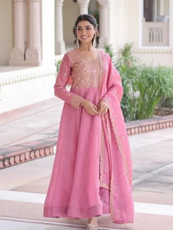 MODERN GOLD CRUSH SEQUENCE & ZARI EMBROIDERY WORK GOWN WITH DUPATTA BABY PINK