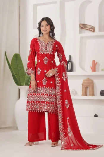 NEW ARRIVAL GEORGETTE EMBROIDERY SEQUENCE WORK TOP PALAZZO WITH DUPATTA RED