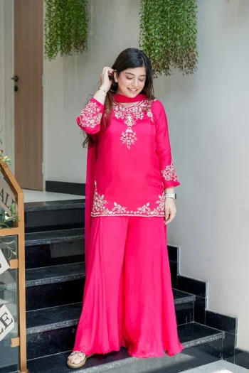 MODERN NATURAL CREPE EMBROIDERY WORK TOP PALAZZO WITH DUPATTA PINK