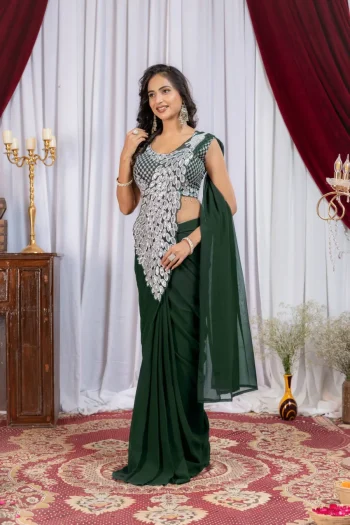 DESIGNER GEORGETTE EMBROIDERY THREAD & SEQUENCE WORK READY TO WEAR SAREE WITH STITCHED BLOUSE GREEN