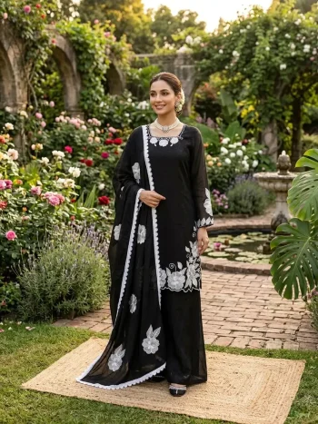 NEW ARRIVAL FENDY SILK THREAD WITH SEQUENCE WORK TOP PALAZZO WITH DUPATTA BLACK AND WHITE