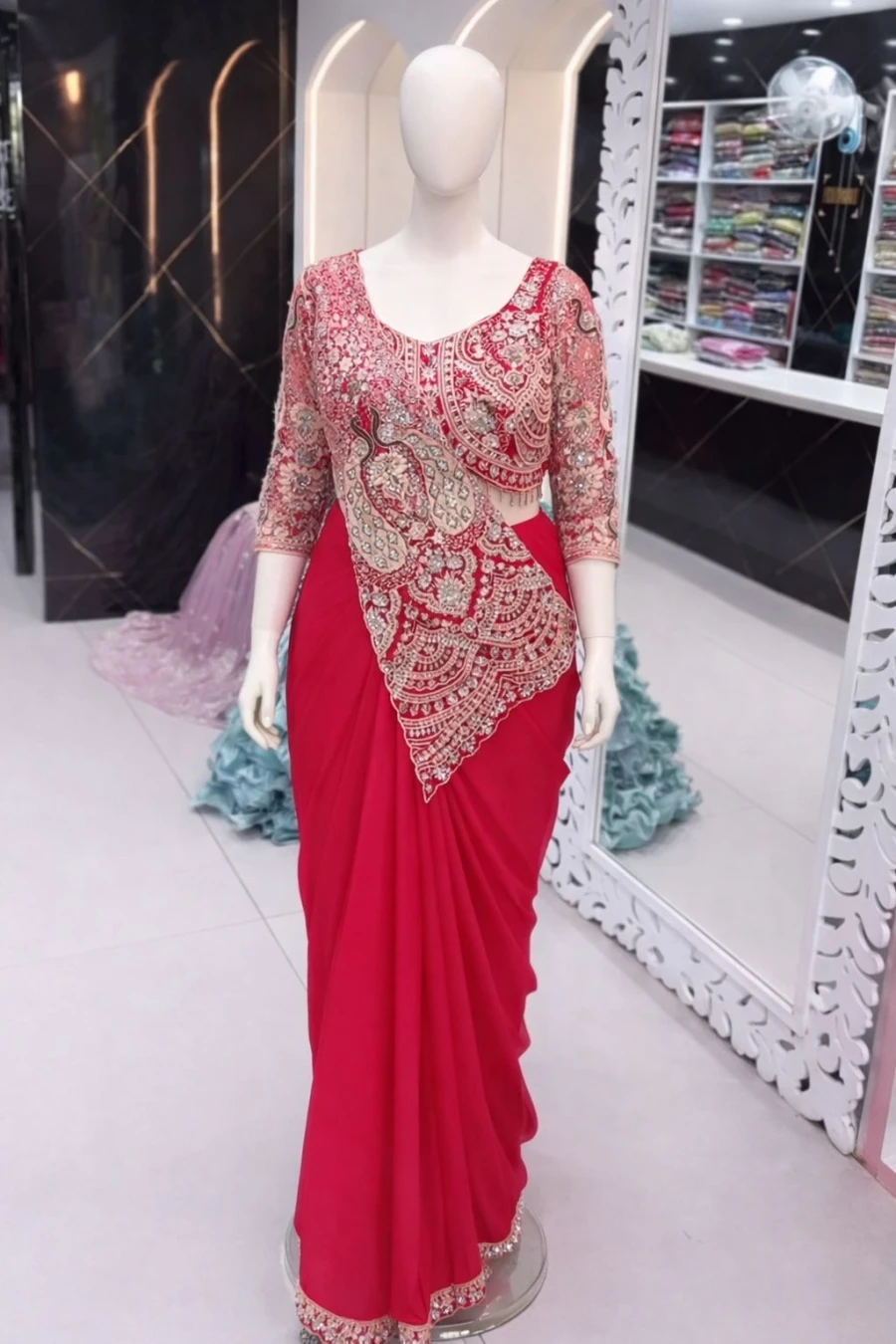 18MODERN CREPE EMBROIDERY SEQUENCE WORK READY TO WEAR SAREE WITH STITCHED BLOUSE PARTY WEAR WHOLESALE PRICE ETHNIC GARMENT (2)