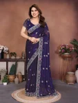 DESIGNER CHIFFON SILK EMBROIDERY CUTWORK WORK WITH SWAROVSKI WORK SAREE WITH UNSTITCHED BLOUSE PURPLE