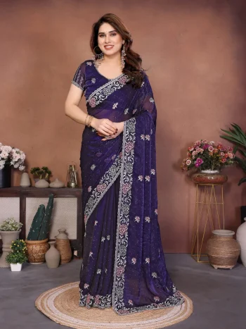 DESIGNER CHIFFON SILK EMBROIDERY CUTWORK WORK WITH SWAROVSKI WORK SAREE WITH UNSTITCHED BLOUSE PURPLE
