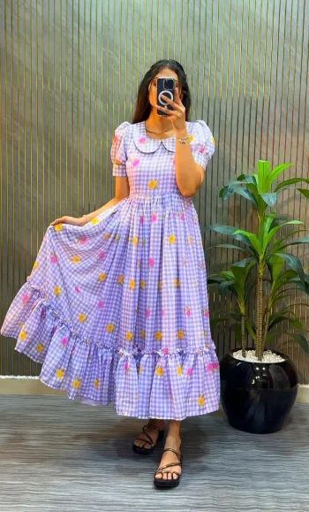 FANCY MUL CHANDERI FLORAL PRINTED WORK MIDI DRESS LAVENDER