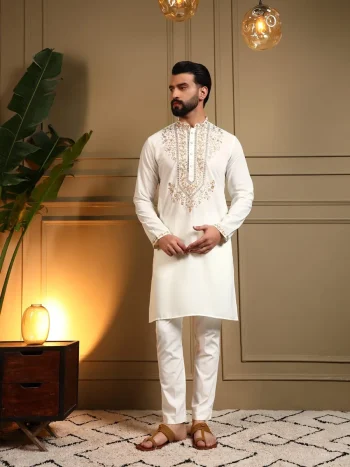 DESIGNER ARMANI LACHKO EMBROIDERY SEQUENCE WORK MEN'S KURTA PAYJAMA OFF WHITE