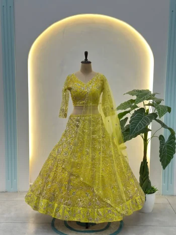 DESIGNER BUTTERFLY NET SEQUENCE AND CODING EMBROIDERY WORK LEHENGA CHOLI WITH DUPATTA LEMON