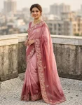 DESIGNER CHINON SILK CONTRAST PALLU ZARI THREAD  AND SEQUENCE WORK SAREE WITH UNSTITCHED BLOUSE PEACH