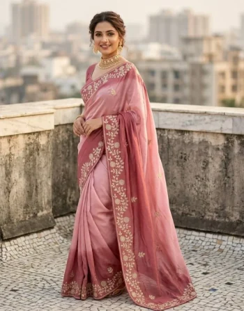 DESIGNER CHINON SILK CONTRAST PALLU ZARI THREAD  AND SEQUENCE WORK SAREE WITH UNSTITCHED BLOUSE PEACH