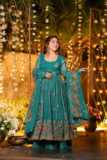 DESIGNER CRUNCHY SILK MULTI EMBROIDERY & SEQUENCE WORK GOWN PALAZZO WITH DUPATTA RAMA