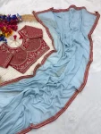 1DESIGNER CRUSH SILK HAND WORK FANCY LACE BORDER WORK SAREE WITH STITCHED BLOUSE FESTIVE WEAR WHOLESALE PRICE ETHNIC GARMENT (22)