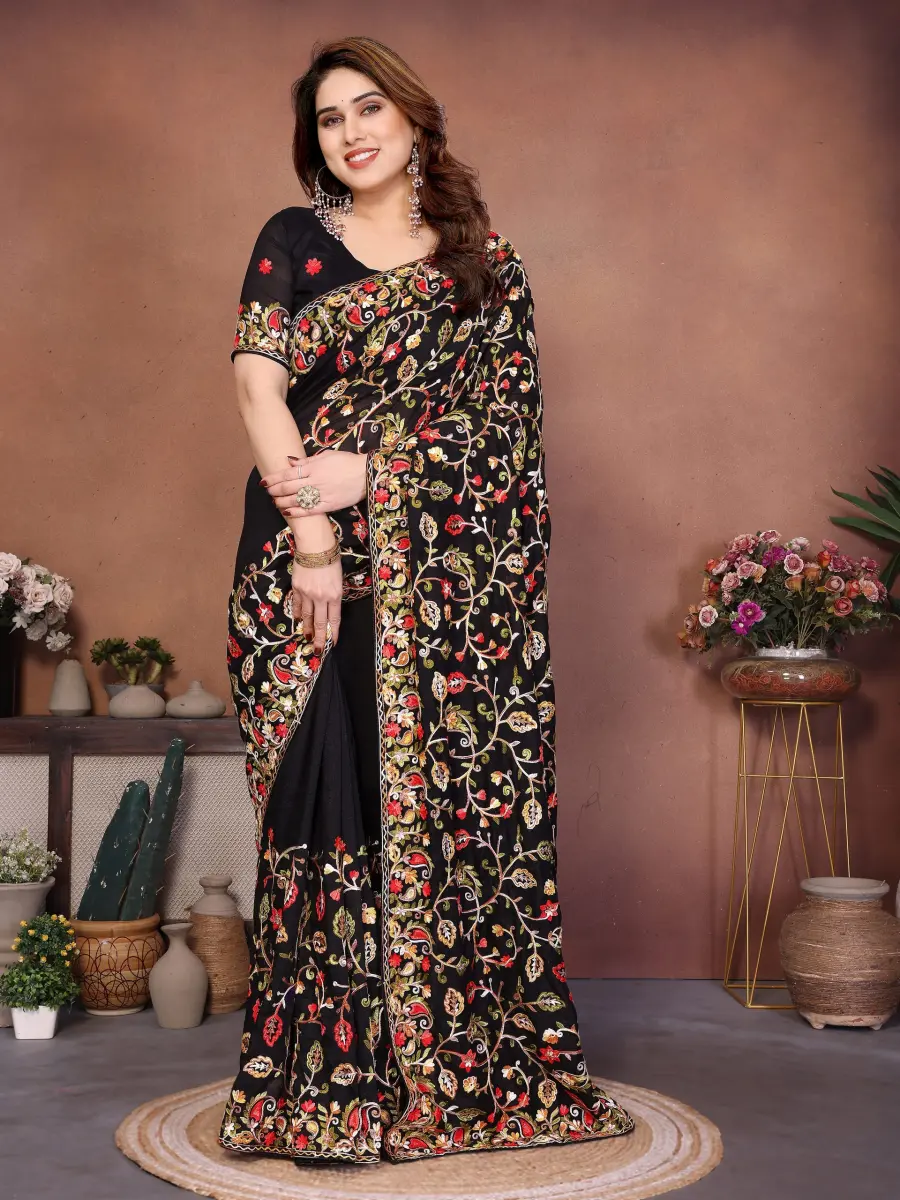 1DESIGNER CRUSH SILK LUCKNOWI EMBROIDERY WORK SAREE WITH UNSTITCHED BLOUSE WEDDING WEAR WHOLESALE PRICE ETHNIC GARMENT (16)