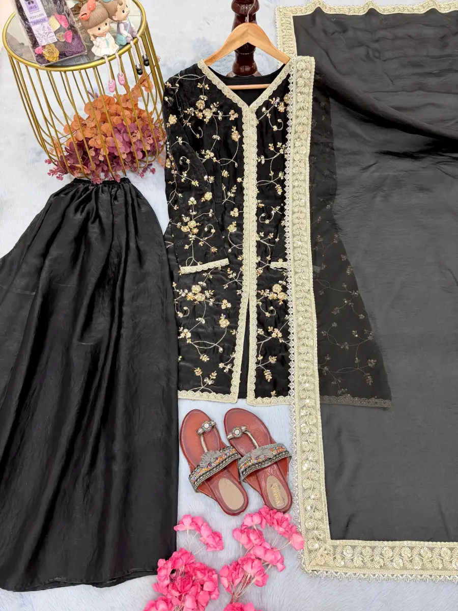 1DESIGNER FENDY SILK EMBROIDERY SEQUENCE & CODING DORI WITH RIVET MOTI WORK TOP PALAZZO WITH DUPATTA FESTIVE WEAR WHOLESALE PRICE ETHNIC GARMENT (11)