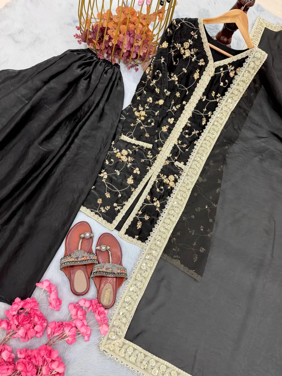 1DESIGNER FENDY SILK EMBROIDERY SEQUENCE & CODING DORI WITH RIVET MOTI WORK TOP PALAZZO WITH DUPATTA FESTIVE WEAR WHOLESALE PRICE ETHNIC GARMENT (12)