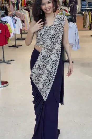 DESIGNER GEORGETTE EMBROIDERY SEQUENCE WORK READY TO WEAR SAREE WITH STITCHED BLOUSE  NAVY BLUE