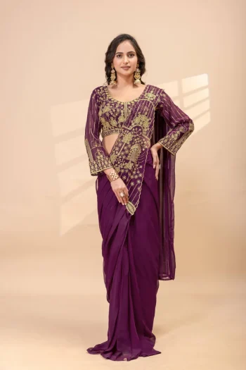 DESIGNER GEORGETTE EMBROIDERY THREAD & SEMI BEADS WORK READY TO WEAR SAREE WITH STITCHED BLOUSE WINE