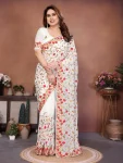 DESIGNER GEORGETTE LUCKNOWI EMBROIDERY WORK SAREE WITH UNSTITCHED BLOUSE WHITE