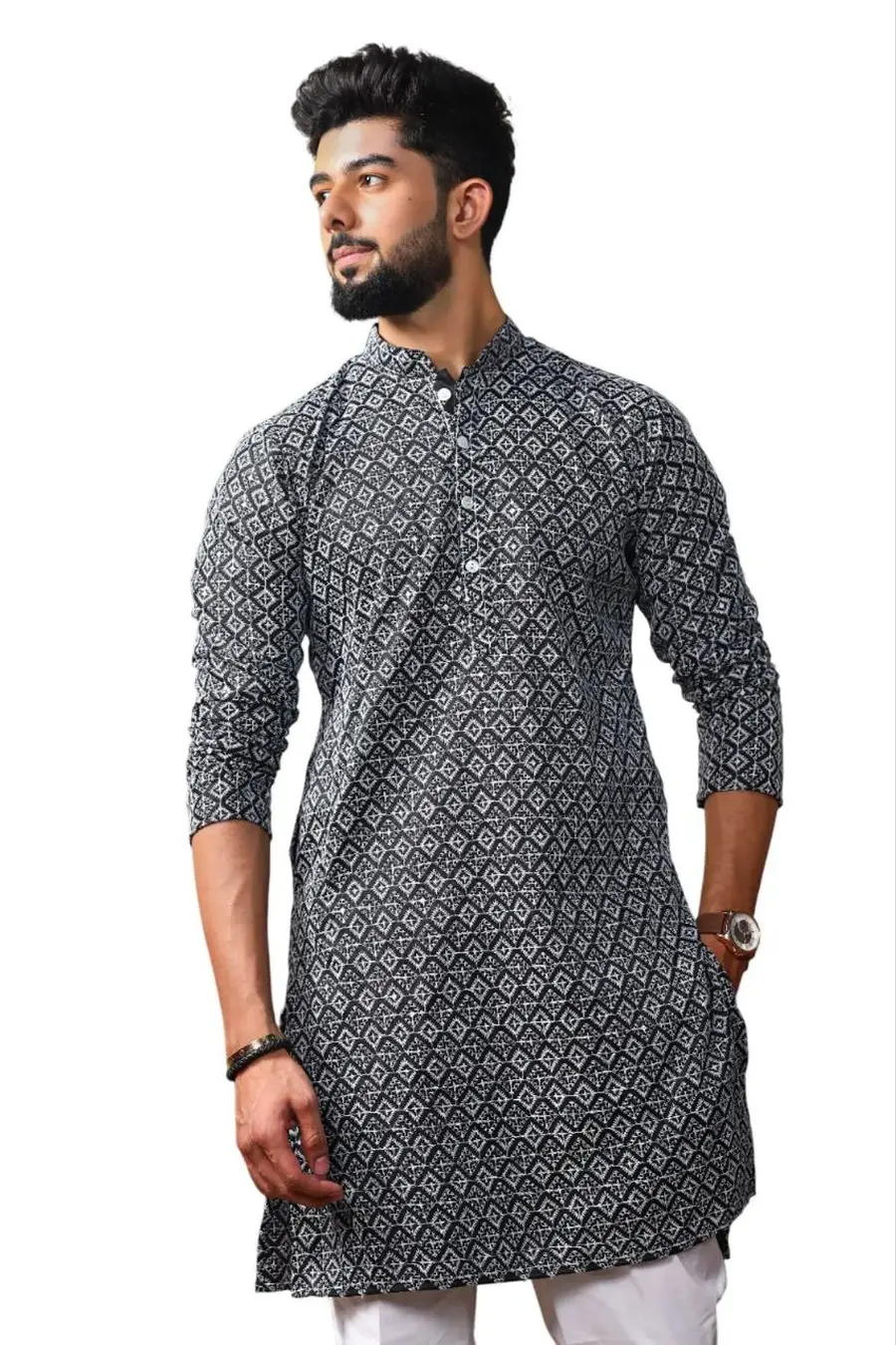 1DESIGNER KHADI SILK SEQUENCE EMBROIDERY CHIKANKARI WORK MEN'S ONLY KURTA FESTIVE WEAR WHOLESALE PRICE ETHNIC GARMENT (10)
