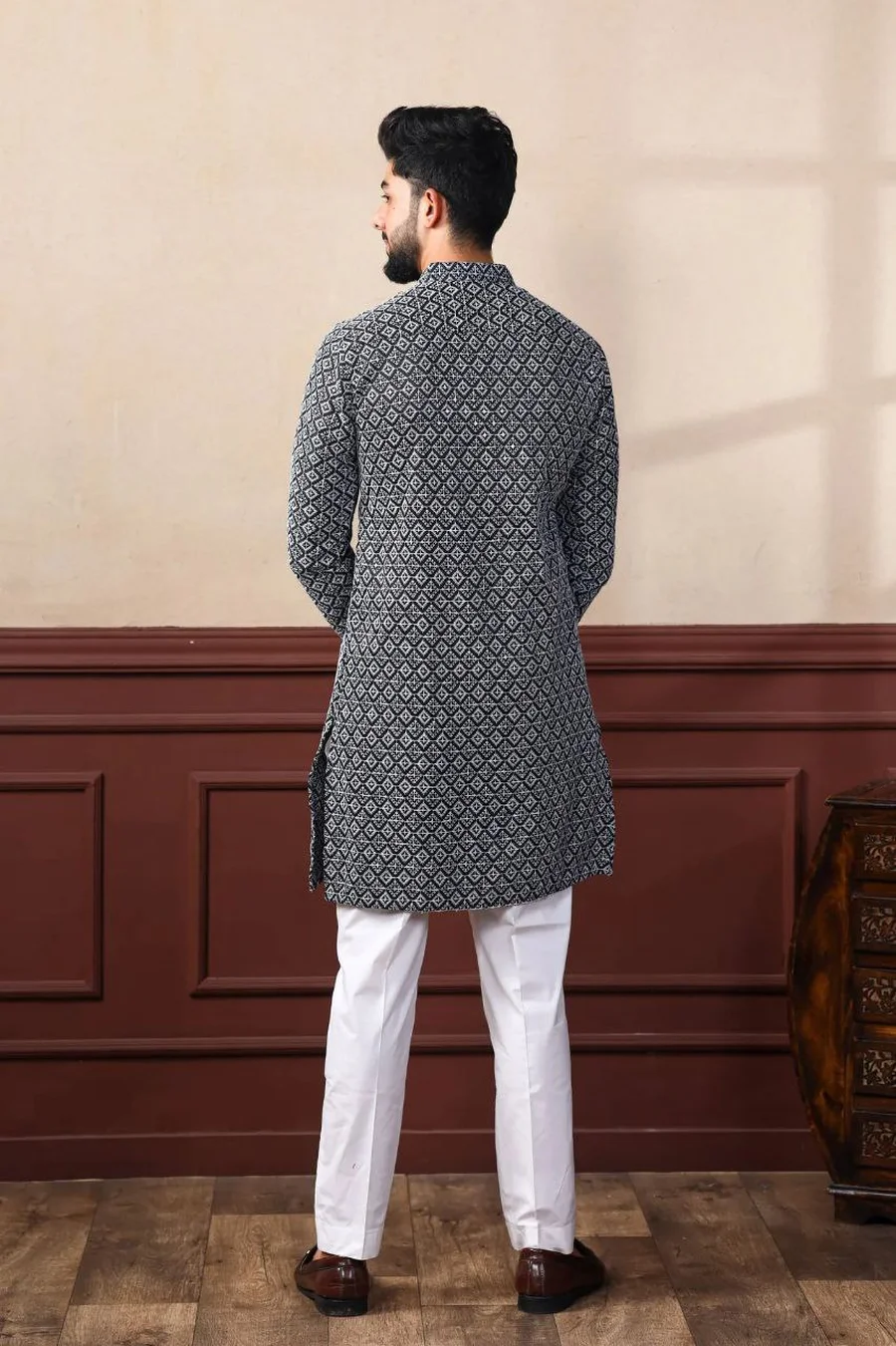 1DESIGNER KHADI SILK SEQUENCE EMBROIDERY CHIKANKARI WORK MEN'S ONLY KURTA FESTIVE WEAR WHOLESALE PRICE ETHNIC GARMENT (9)