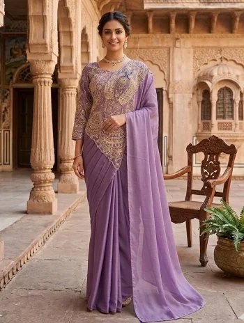 DESIGNER RANGOLI SILK EMBROIDERY THREAD & DUAL SEQUENCE WORK READY TOP WEAR SAREE WITH STITCHED BLOUSE LAVENDER