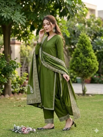 DESIGNER ROMAN SILK EMBROIDERY SEQUENCE WORK TOP PALAZZO WITH DUPATTA MEHNDI