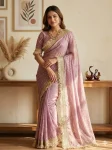 DESIGNER TABBY SILK FLORAL PRINT WITH BEADS AND CUTDANA HANDWORK SAREE WITH UNSTITCHED BLOUSE PINK