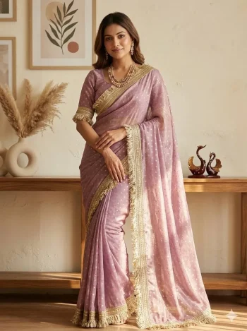 DESIGNER TABBY SILK FLORAL PRINT WITH BEADS AND CUTDANA HANDWORK SAREE WITH UNSTITCHED BLOUSE PINK