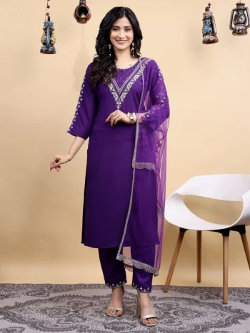 FANCY BLEND COTTON EMBROIDERY WORK TOP BOTTOM WITH DUPATTA PURPLE