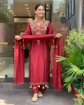 1FANCY CHANDERI SILK SEQUENCE CODING EMBROIDERY WORK TOP BOTTOM WITH DUPATTA FESTIVE WEAR WHOLESALE PRICE ETHNIC GARMENT (6)