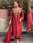 FANCY CHANDERI SILK SEQUENCE CODING EMBROIDERY WORK TOP BOTTOM WITH DUPATTA RED