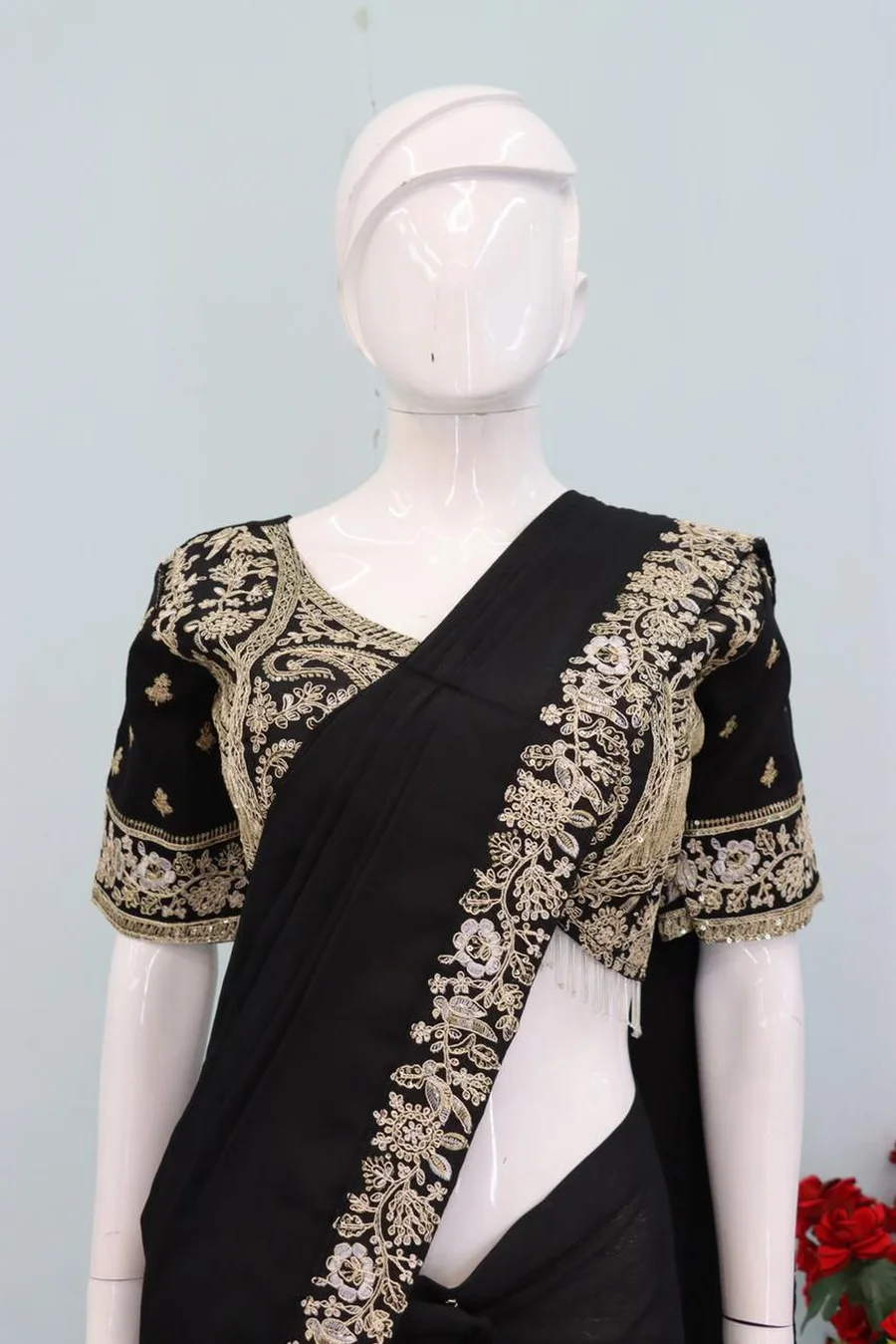 1FANCY CHINON EMBROIDERY SEQUENCE WORK READY TO WEAR SAREE WITH STITCHED BLOUSE WEDDING WEAR WHOLESALE PRICE ETHNIC GARMENT (10)