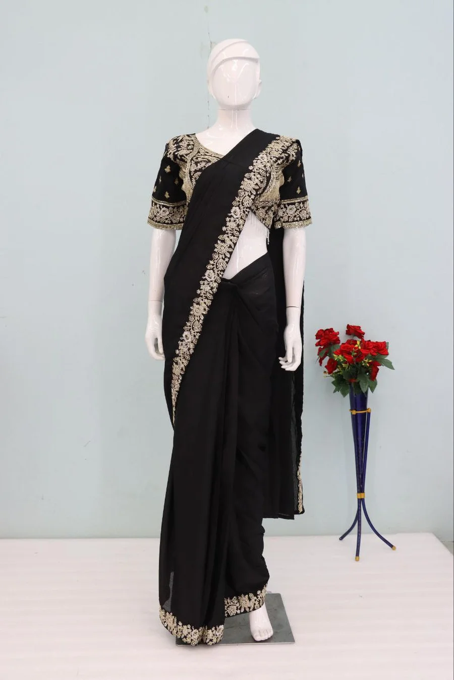1FANCY CHINON EMBROIDERY SEQUENCE WORK READY TO WEAR SAREE WITH STITCHED BLOUSE WEDDING WEAR WHOLESALE PRICE ETHNIC GARMENT (11)
