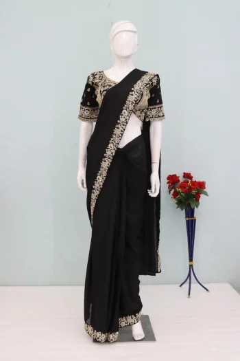 FANCY CHINON EMBROIDERY SEQUENCE WORK READY TO WEAR SAREE WITH STITCHED BLOUSE BLACK