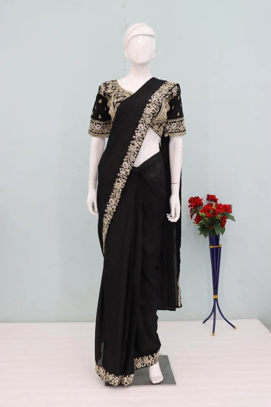 1FANCY CHINON EMBROIDERY SEQUENCE WORK READY TO WEAR SAREE WITH STITCHED BLOUSE WEDDING WEAR WHOLESALE PRICE ETHNIC GARMENT (9)