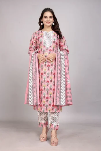FANCY COTTON BLEND FOIL PRINT WORK TOP BOTTOM WITH DUPATTA PEACH
