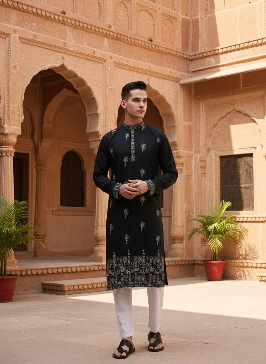 1FANCY COTTON EMBROIDERY WORK MEN'S KURTA PAYJAMA FESTIVE WEAR WHOLESALE PRICE ETHNIC GARMENT (2)