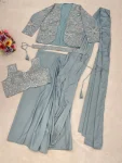 1FANCY CREPE SILK EMBROIDERY SEQUENCE CODING WORK READY TO WEAR SAREE WITH STITCHED BLOUSE AND KOTI PARTY WEAR WHOLESALE PRICE ETHNIC GARMENT (19)