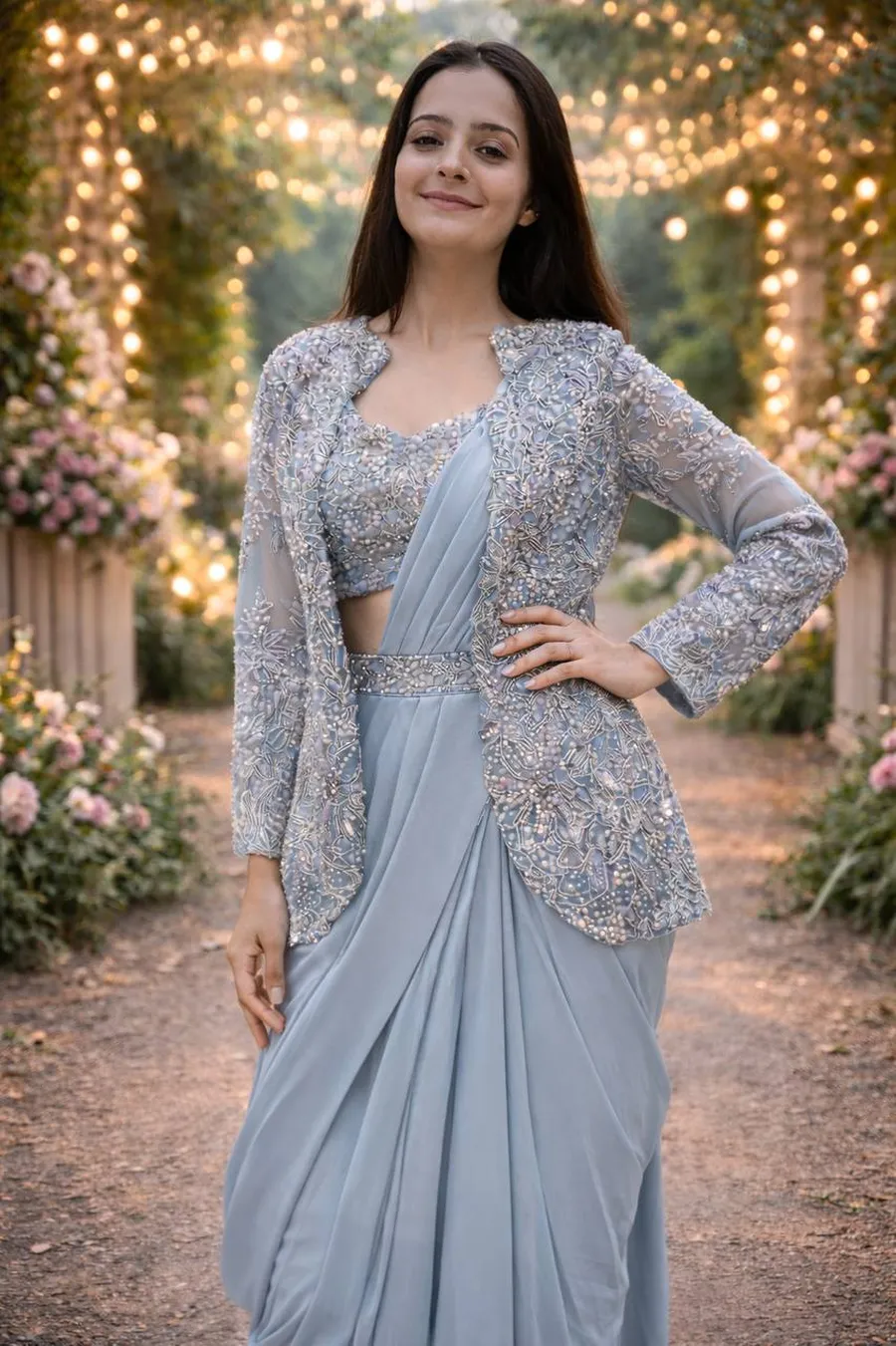 1FANCY CREPE SILK EMBROIDERY SEQUENCE CODING WORK READY TO WEAR SAREE WITH STITCHED BLOUSE AND KOTI PARTY WEAR WHOLESALE PRICE ETHNIC GARMENT (18)