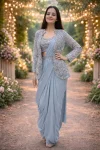 FANCY CREPE SILK EMBROIDERY SEQUENCE CODING WORK  READY TO WEAR SAREE WITH STITCHED BLOUSE AND KOTI SKY