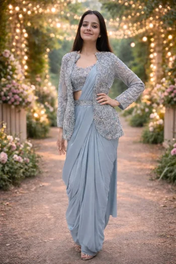 FANCY CREPE SILK EMBROIDERY SEQUENCE CODING WORK  READY TO WEAR SAREE WITH STITCHED BLOUSE AND KOTI SKY