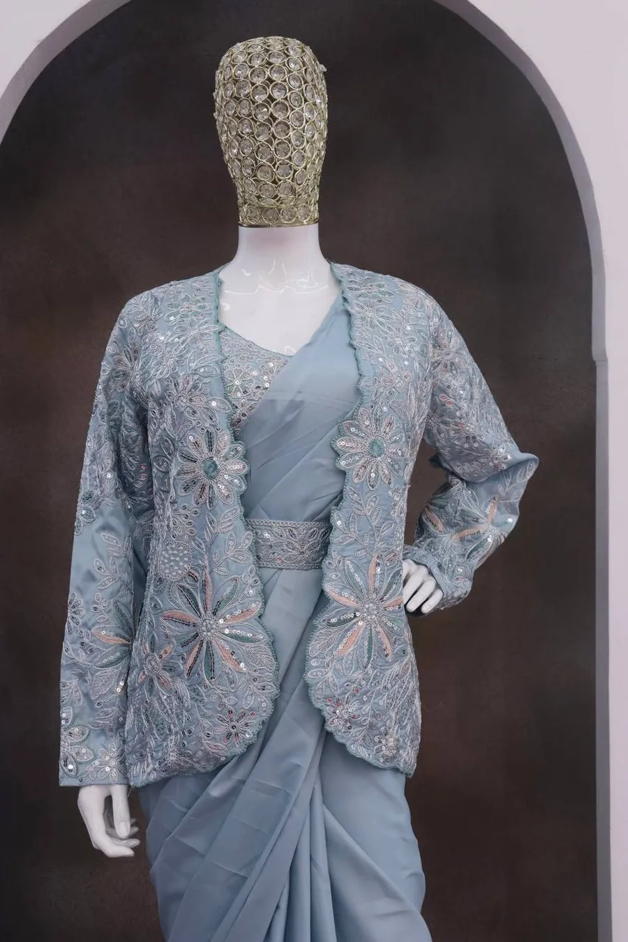 1FANCY CREPE SILK EMBROIDERY SEQUENCE CODING WORK READY TO WEAR SAREE WITH STITCHED BLOUSE AND KOTI PARTY WEAR WHOLESALE PRICE ETHNIC GARMENT (20)