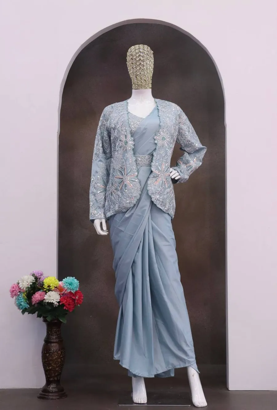 1FANCY CREPE SILK EMBROIDERY SEQUENCE CODING WORK READY TO WEAR SAREE WITH STITCHED BLOUSE AND KOTI PARTY WEAR WHOLESALE PRICE ETHNIC GARMENT (21)