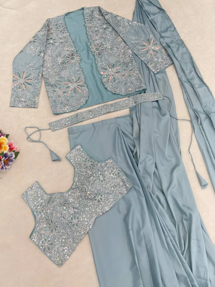 1FANCY CREPE SILK EMBROIDERY SEQUENCE CODING WORK READY TO WEAR SAREE WITH STITCHED BLOUSE AND KOTI PARTY WEAR WHOLESALE PRICE ETHNIC GARMENT (22)
