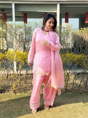 FANCY FENDY SATIN MIRROR AND MOTI WITH LACE BORDER WORK TOP PALAZZO WITH DUPATTA BABY PINK