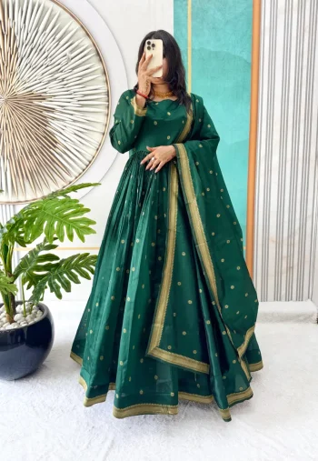 FANCY HANDLOOK COTTON ZARI WEAVING BUTTI WORK GOWN WITH DUPATTA GREEN