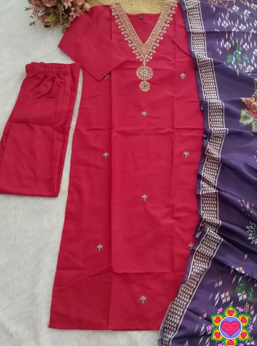 1FANCY SLUB COTTON EMBROIDERY WORK TOP BOTTOM WITH DUPATTA FESTIVE WEAR WHOLESALE PRICE ETHNIC GARMENT (8)