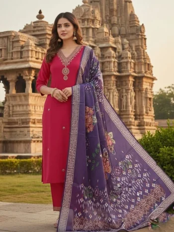 FANCY SLUB COTTON EMBROIDERY WORK TOP BOTTOM WITH DUPATTA PINK