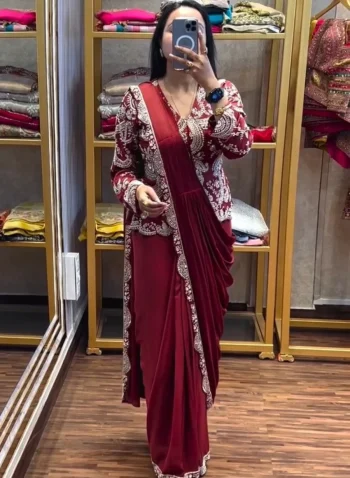 MODERN CHINON EMBROIDERY WORK READY TO WEAR SAREE WITH FULL STITCHED JACKET AND BLOUSE MAROON